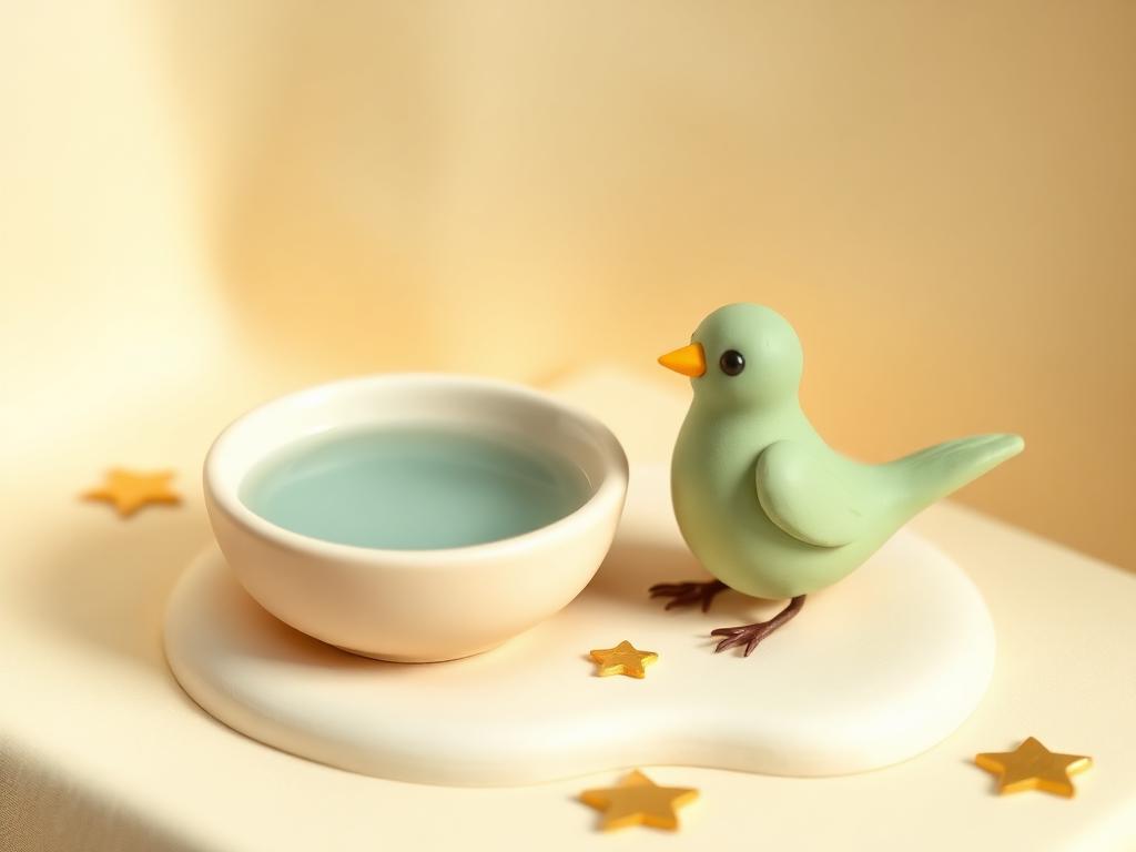 A cream clay water bowl beside a small sage clay bird with gold clay stars around them