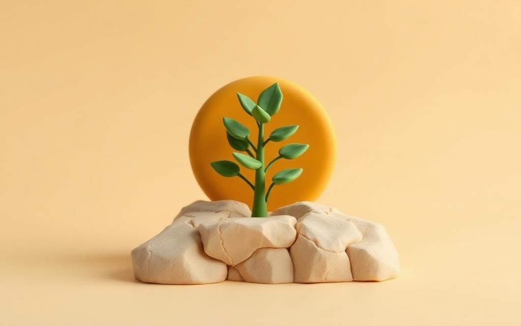 A small sage clay sapling growing through cracked cream clay stone with a gold clay sun behind