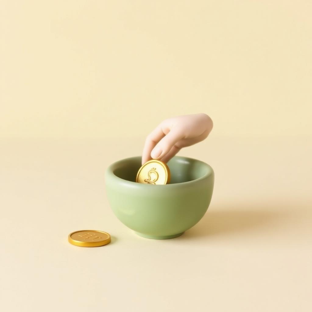 A small cream clay hand placing a gold clay coin into a sage clay bowl