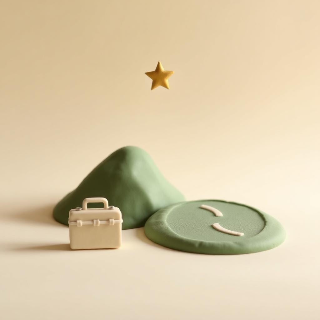 A small cream clay suitcase and a sage clay road curving under a gold clay star