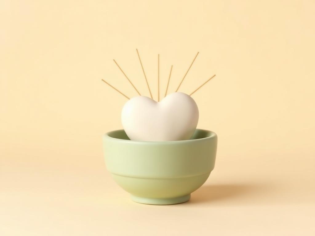 A cream clay heart resting in a sage clay bowl under soft gold clay light