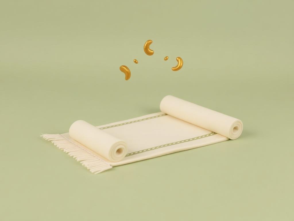 Cream clay prayer mat on a sage clay floor with small gold clay speech marks rising from it