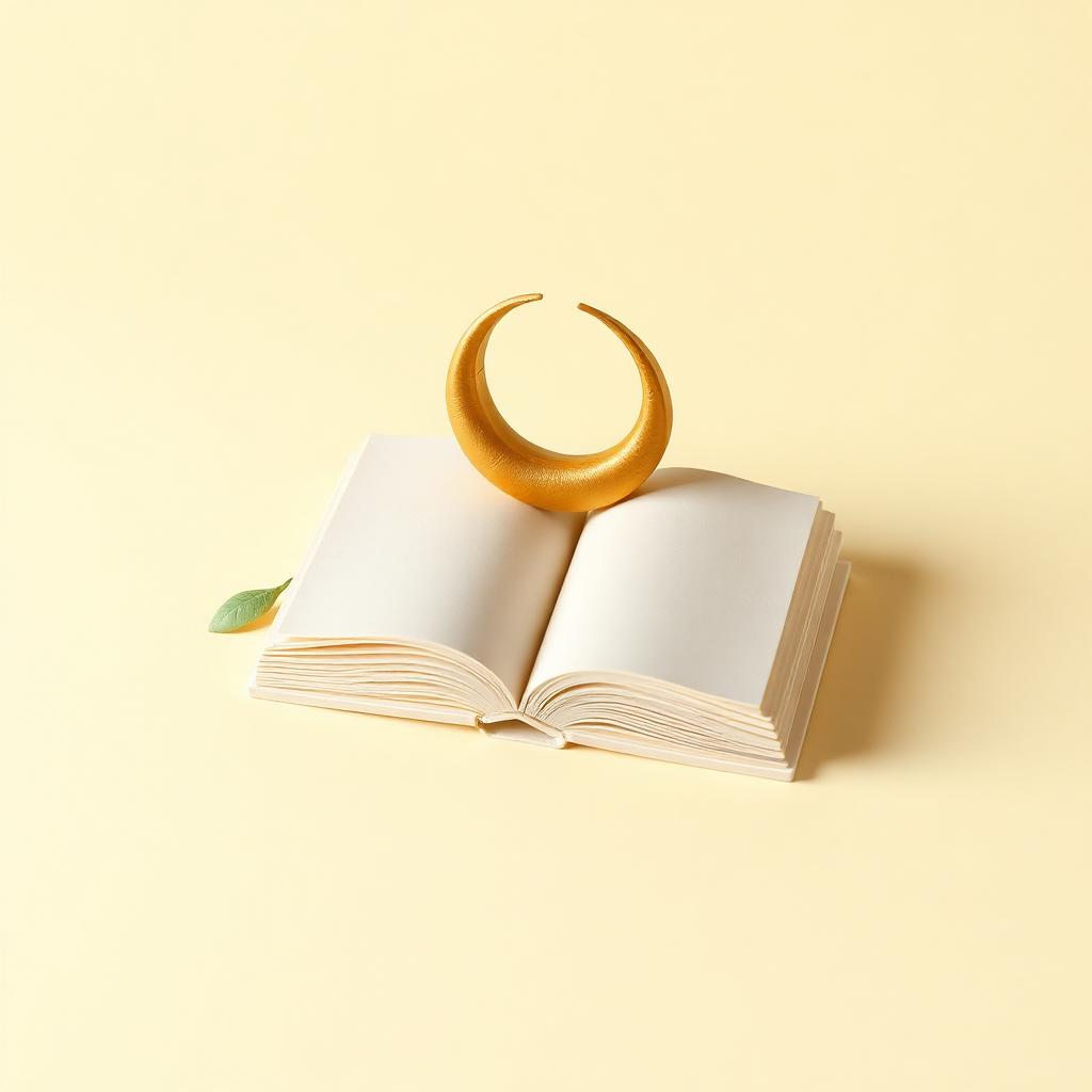 A cream clay open book with a gold clay crescent and small sage clay leaves around it
