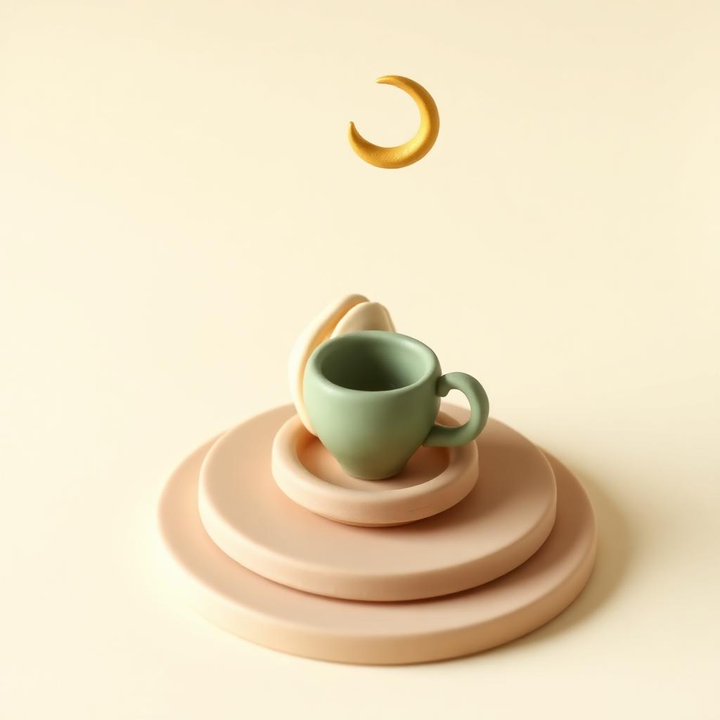 A cream clay date fruit and a small sage clay water cup on a clay plate under a gold clay crescent