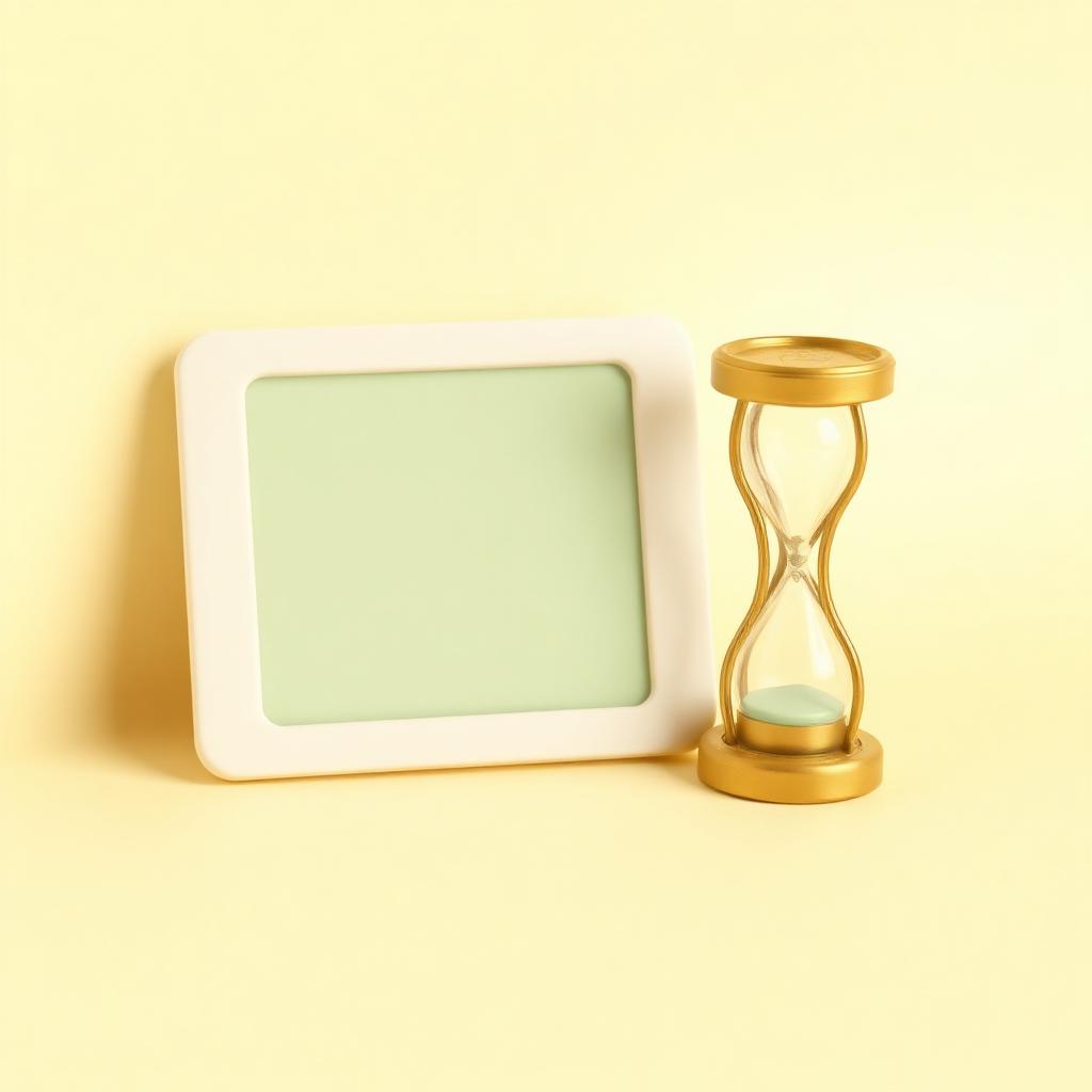 Cream clay tablet slab with a blank sage clay screen beside a gold clay hourglass