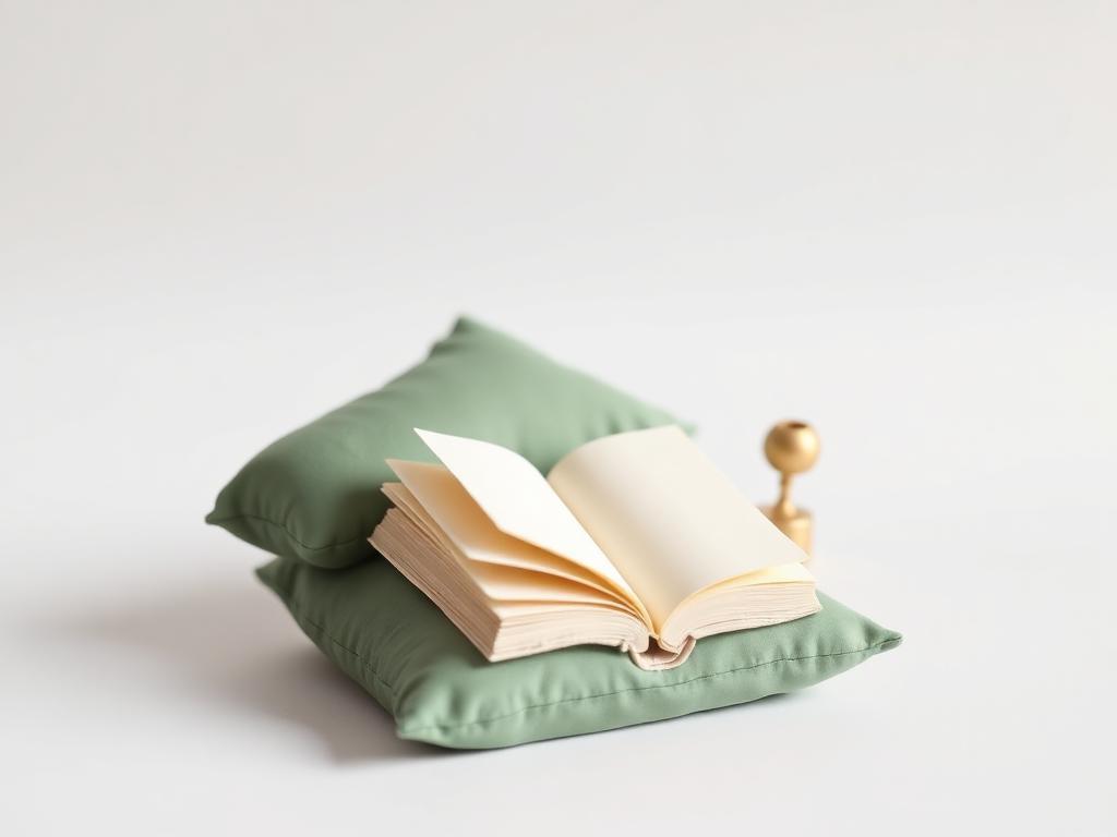 Cream clay open book on a sage clay cushion beside a small gold clay lamp