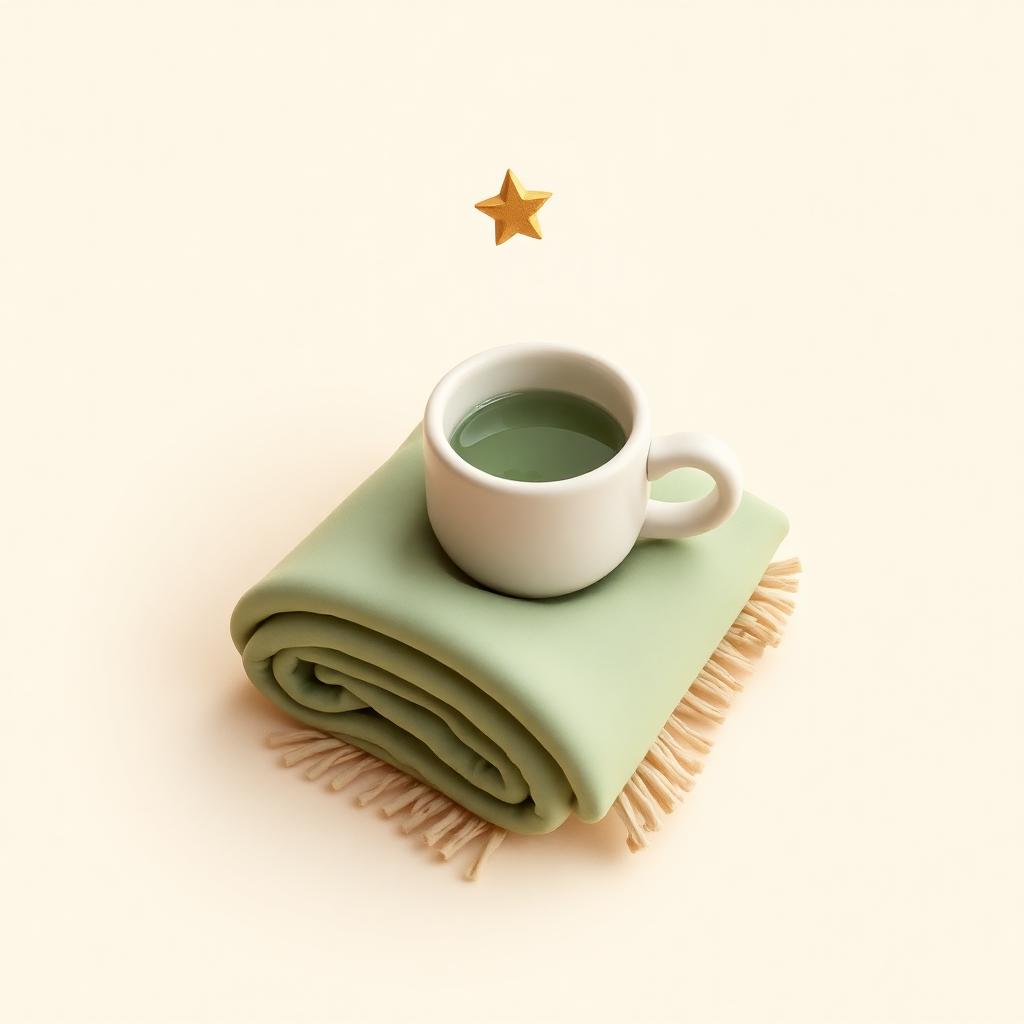A cream clay cup of water and a folded sage clay blanket beside a small gold clay star