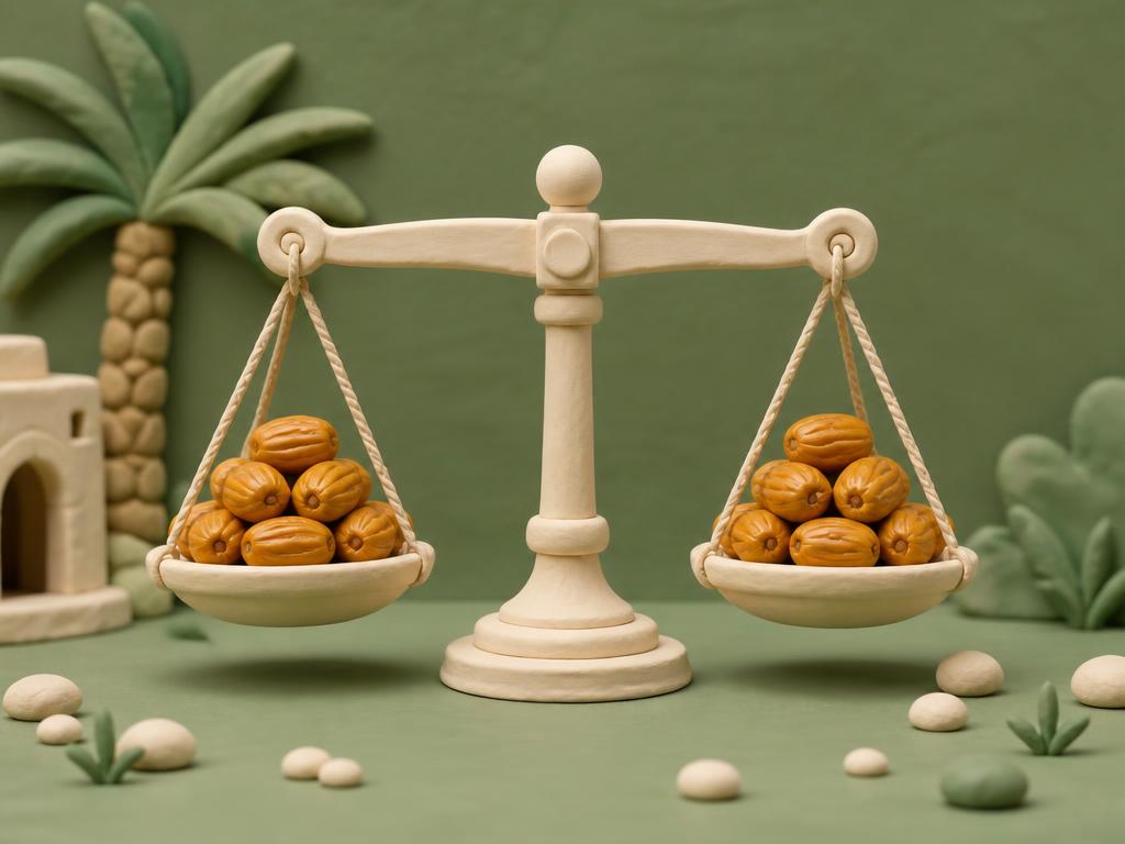 Cream clay balance scale standing level on sage clay ground with gold clay dates heaped equally in both pans