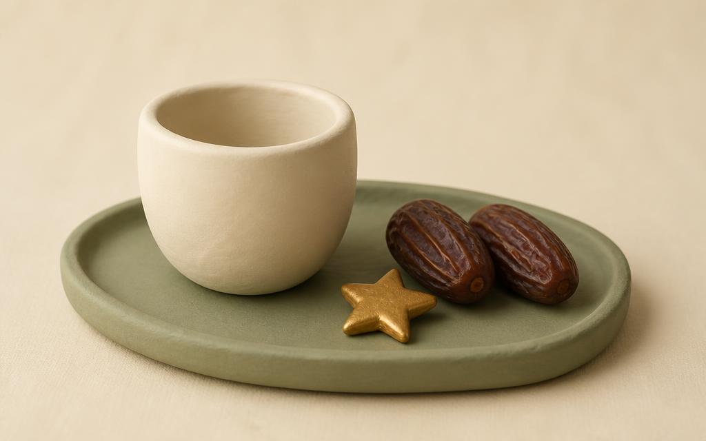 A cream clay open hand holding a small sage clay plant with one gold clay star above it
