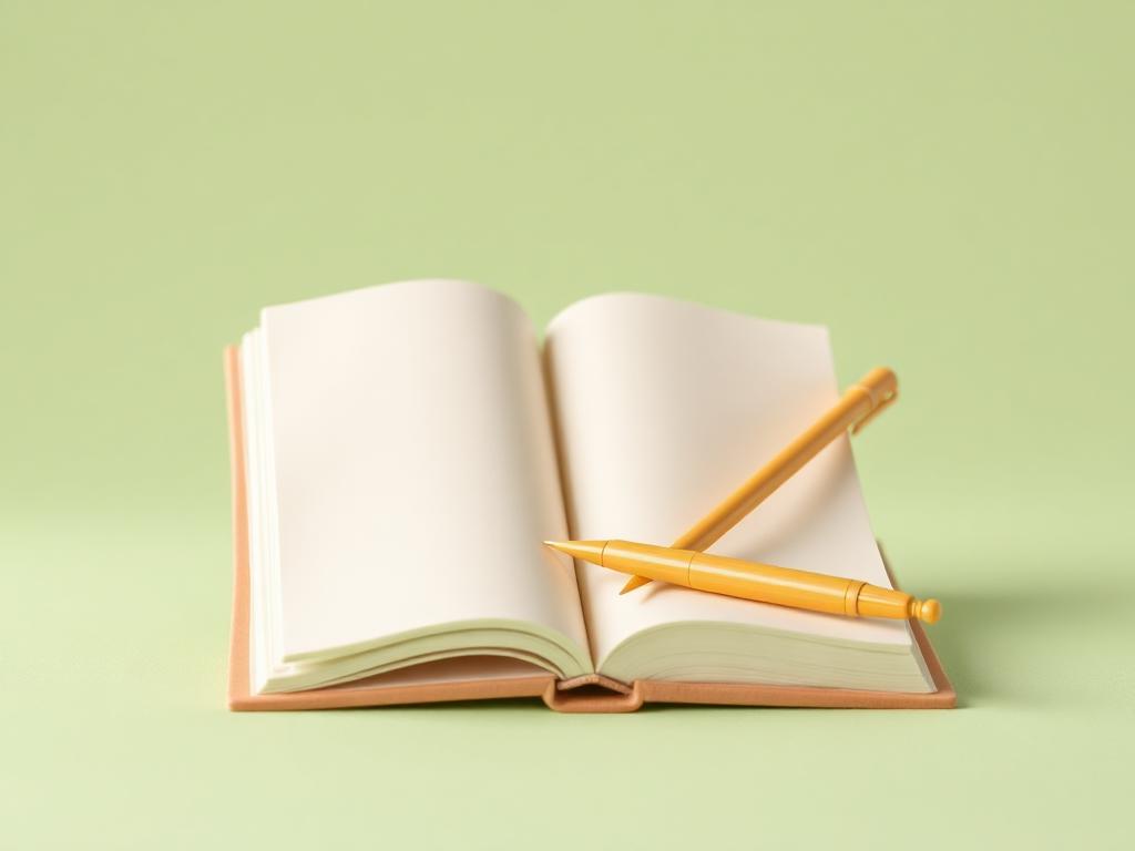 A cream clay open book beside a gold clay reed pen on a sage clay desk