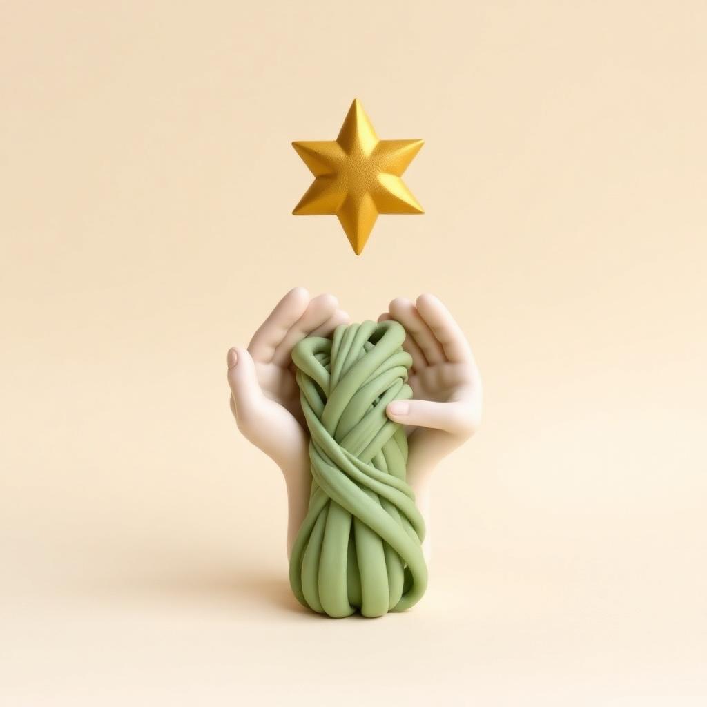 Two cream clay hands lifting one sage clay bundle together under a gold clay star
