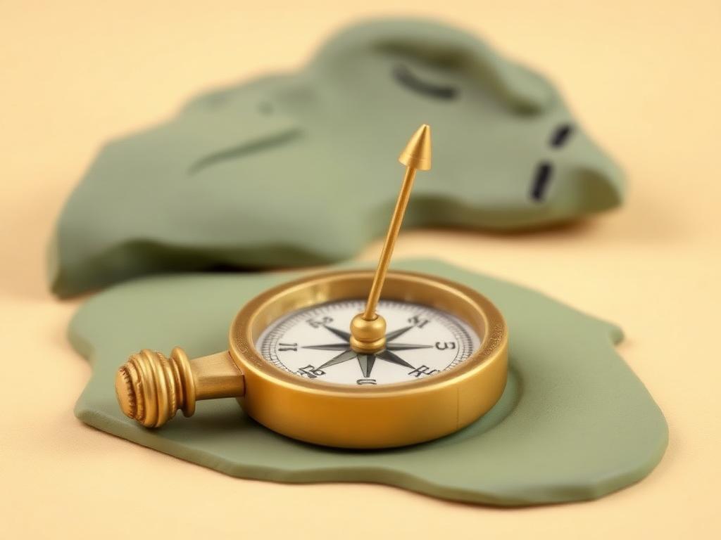 A cream clay compass with a gold clay needle resting on sage clay ground