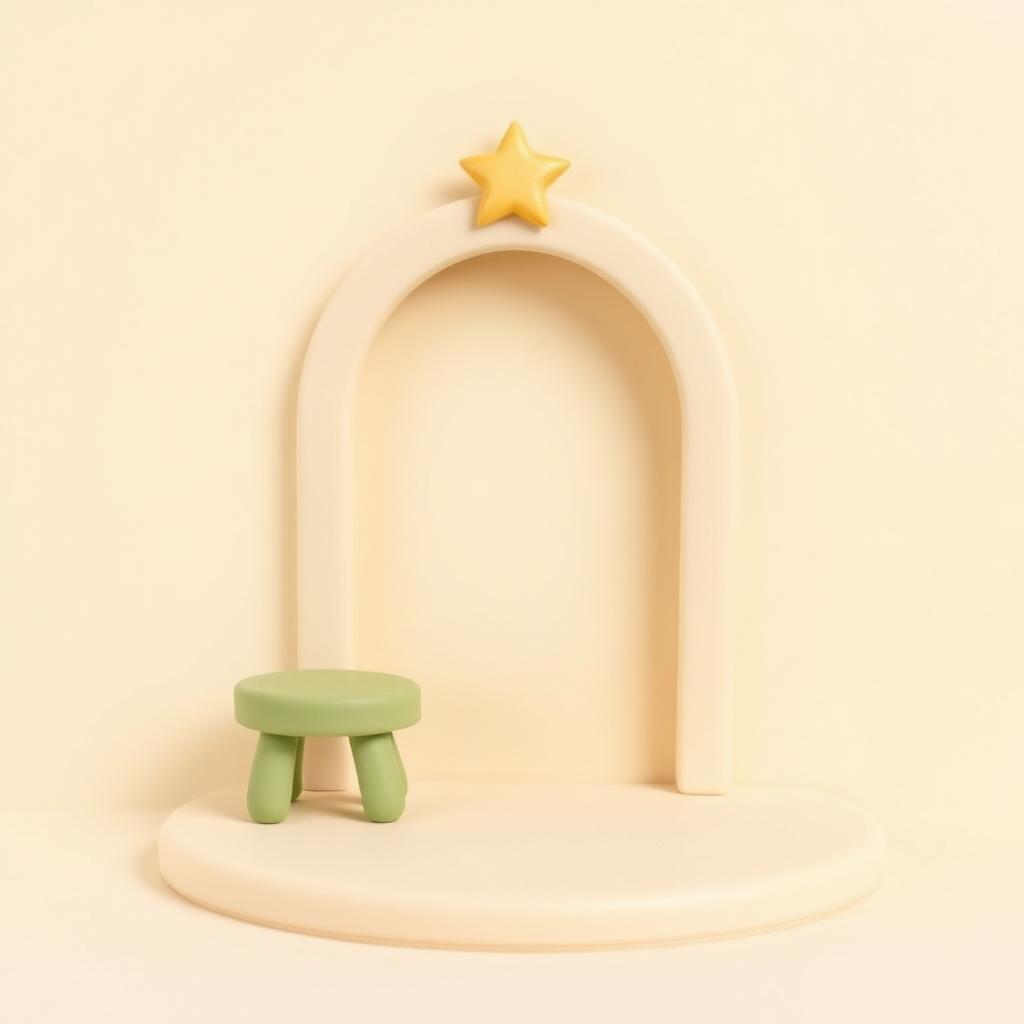 A small cream clay figure bowing beside a tall sage clay arch with a gold clay star above