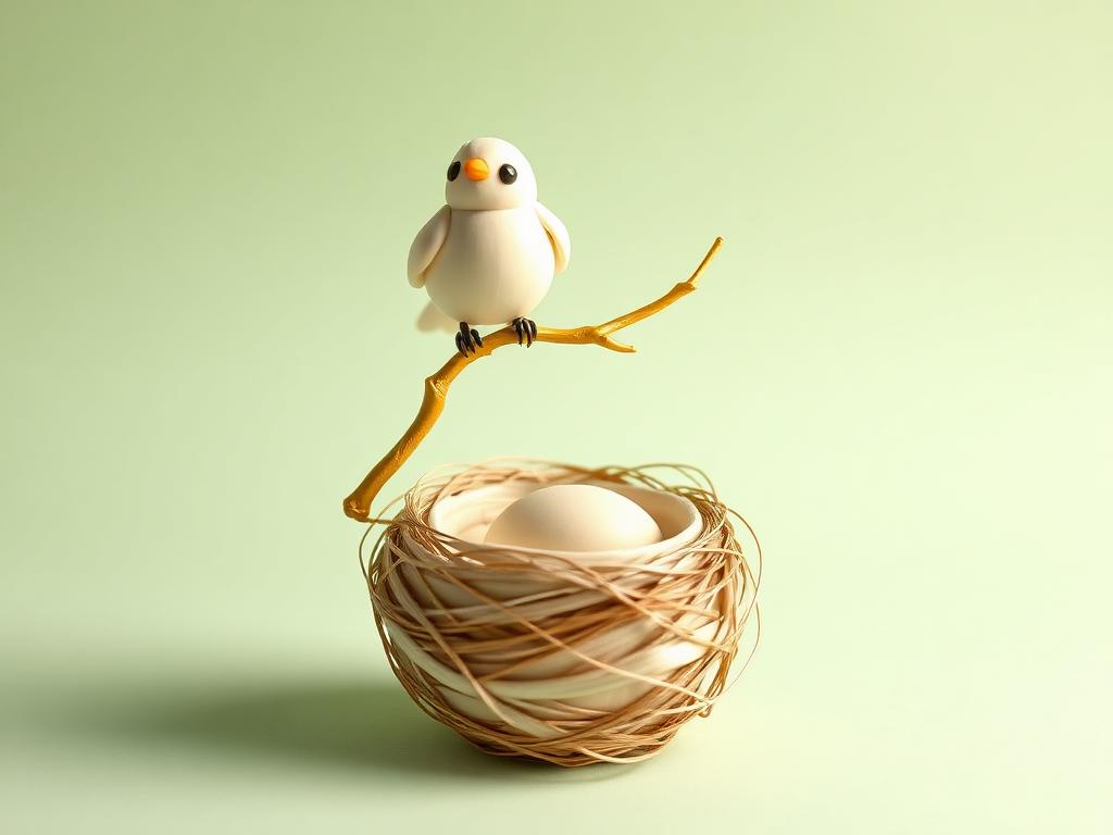 A small cream clay bird perched on a gold clay branch above an open cream clay nest