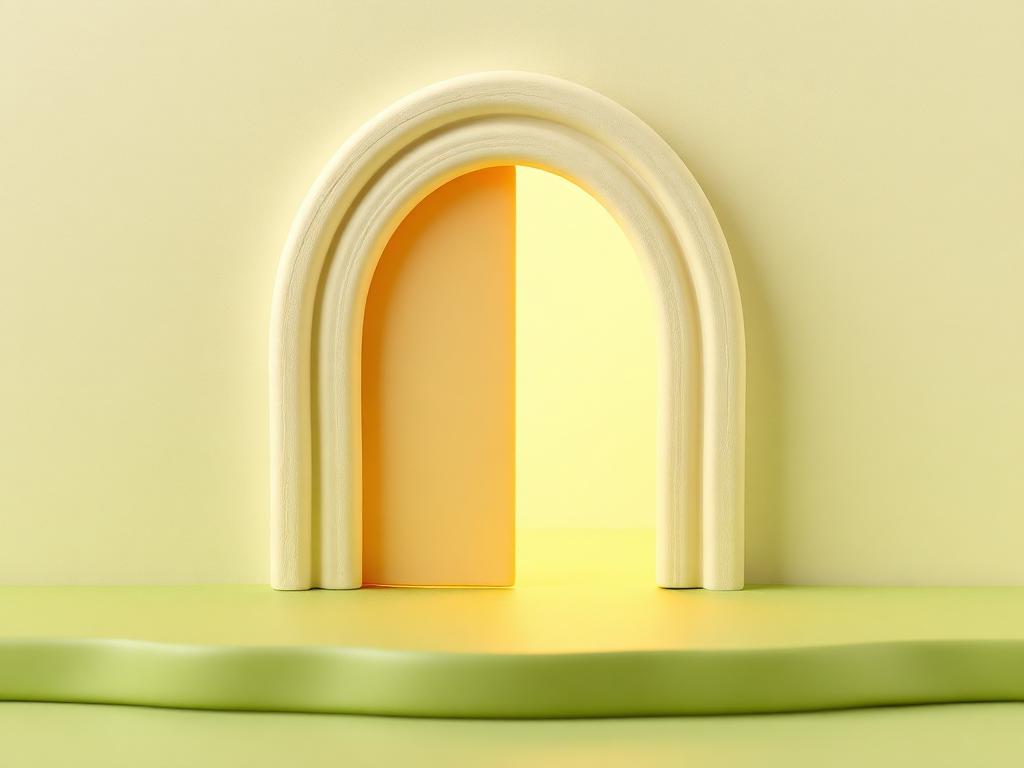 A cream clay arched door standing slightly open with warm gold light spilling out onto sage clay ground