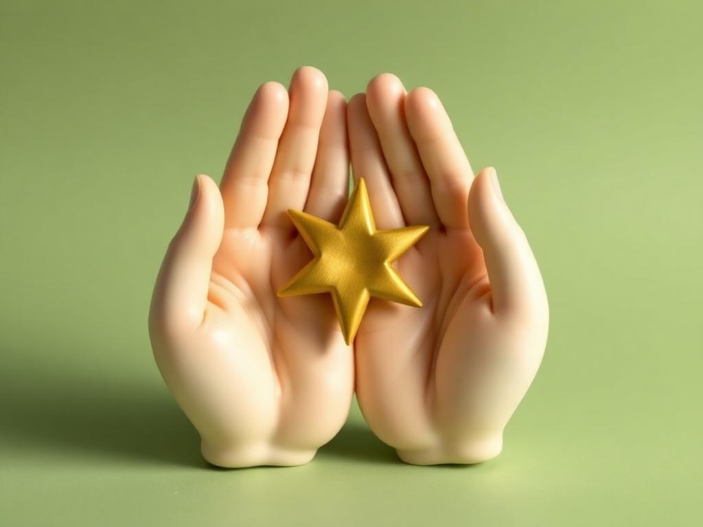 Two interlaced cream clay hands with a gold clay eight-point star above them on a sage background