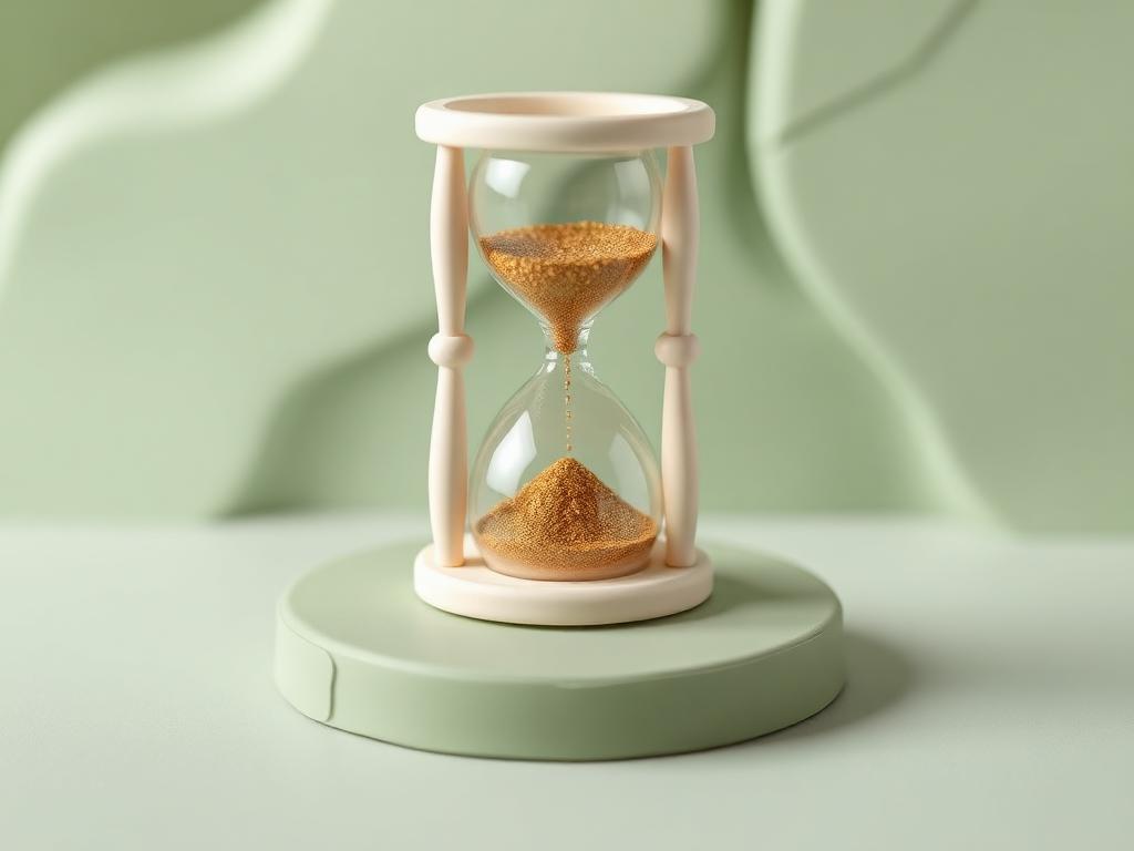A cream clay hourglass with gold clay sand running through it on a sage clay platform