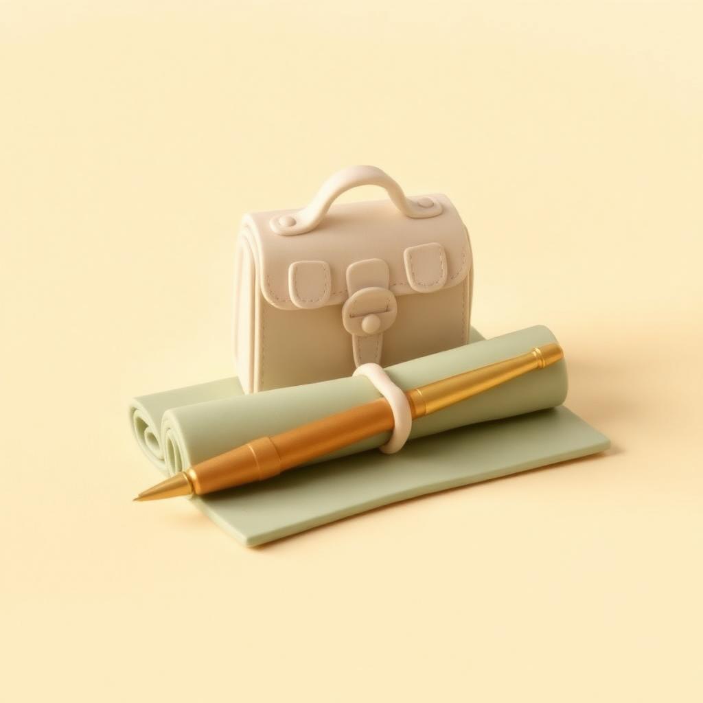 Cream clay satchel, sage clay mat and a gold clay reed pen on cream ground