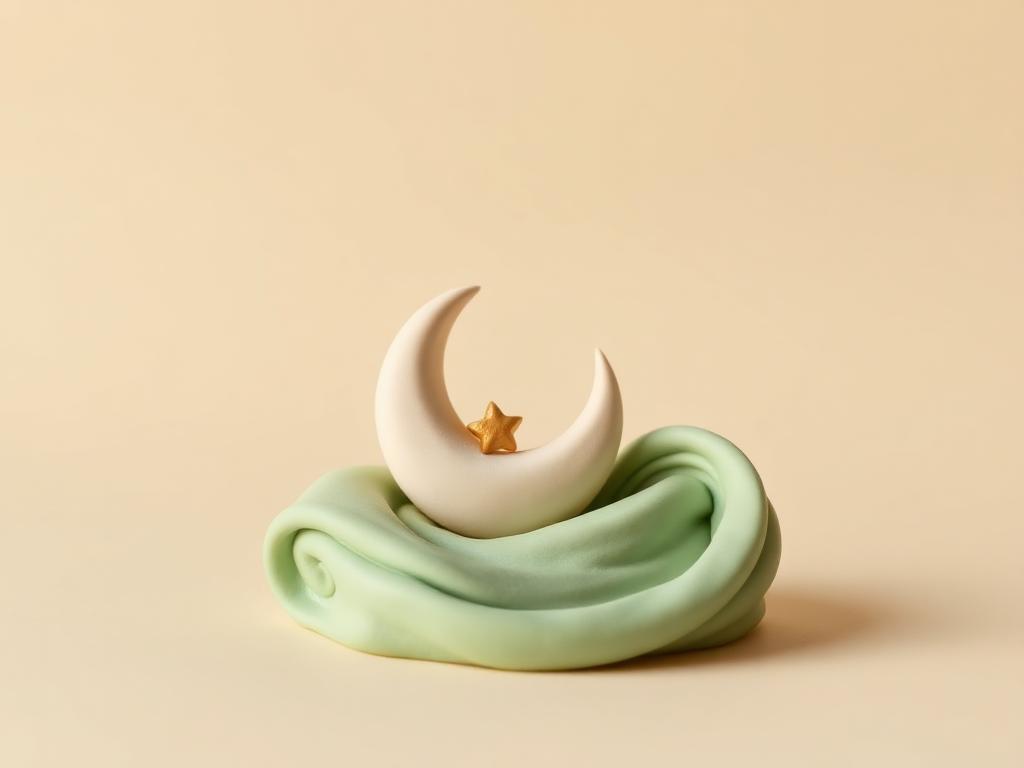 Sage clay wave curling around a cream clay crescent with a small gold clay star