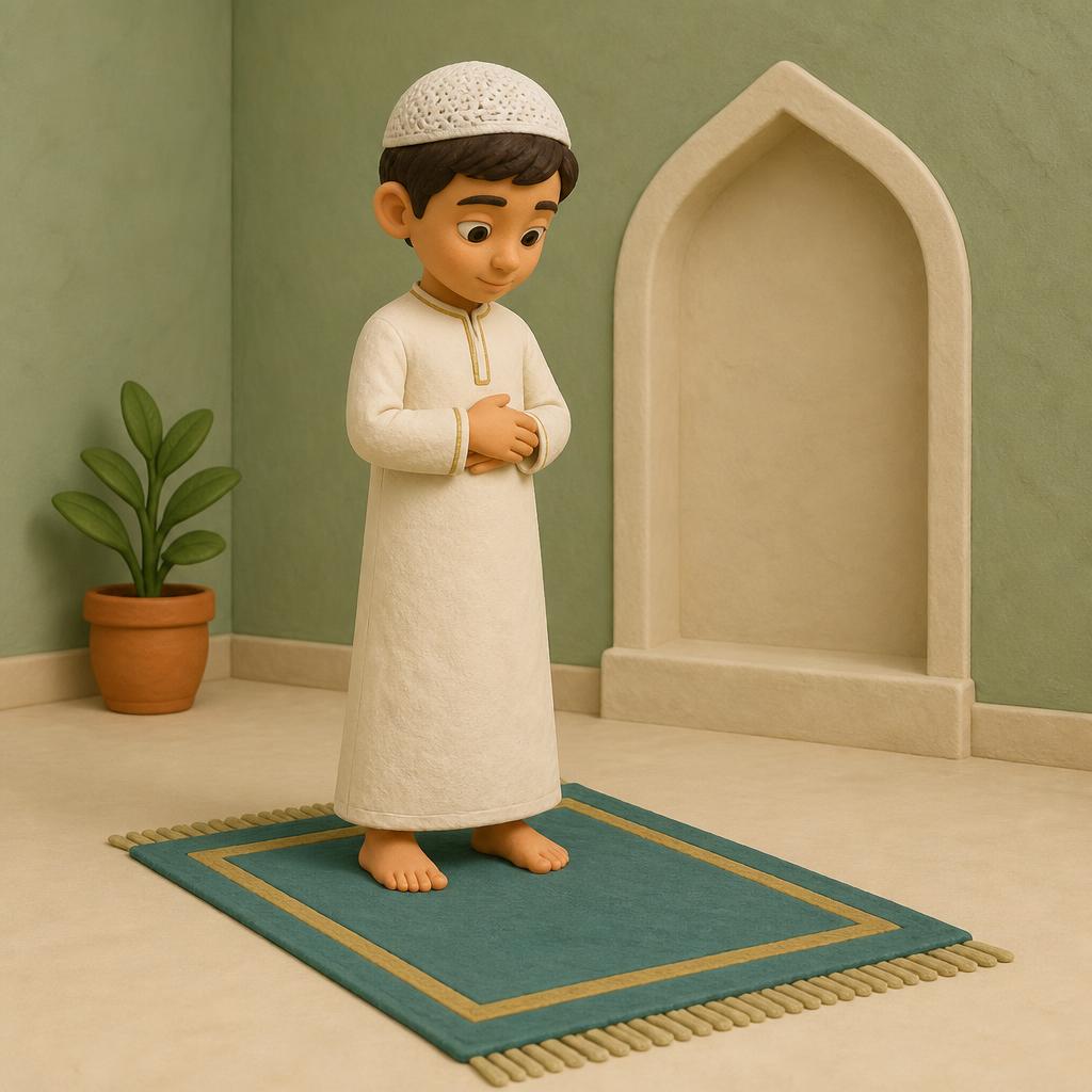 A young boy standing on a prayer rug ready to pray