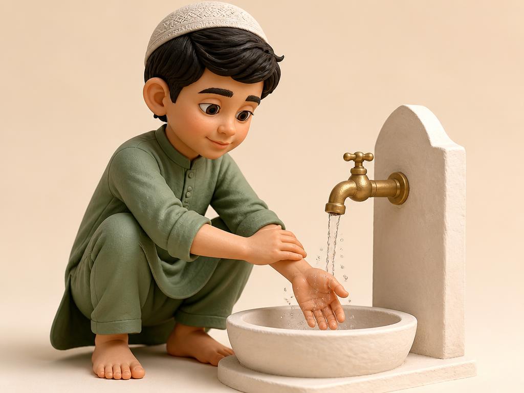 A young boy washing his hands at a basin before prayer