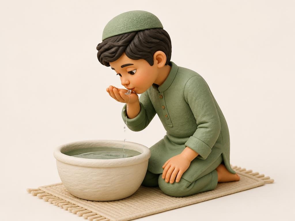 A clay-style illustration of a young boy bringing a cupped palm of water to his mouth to rinse it