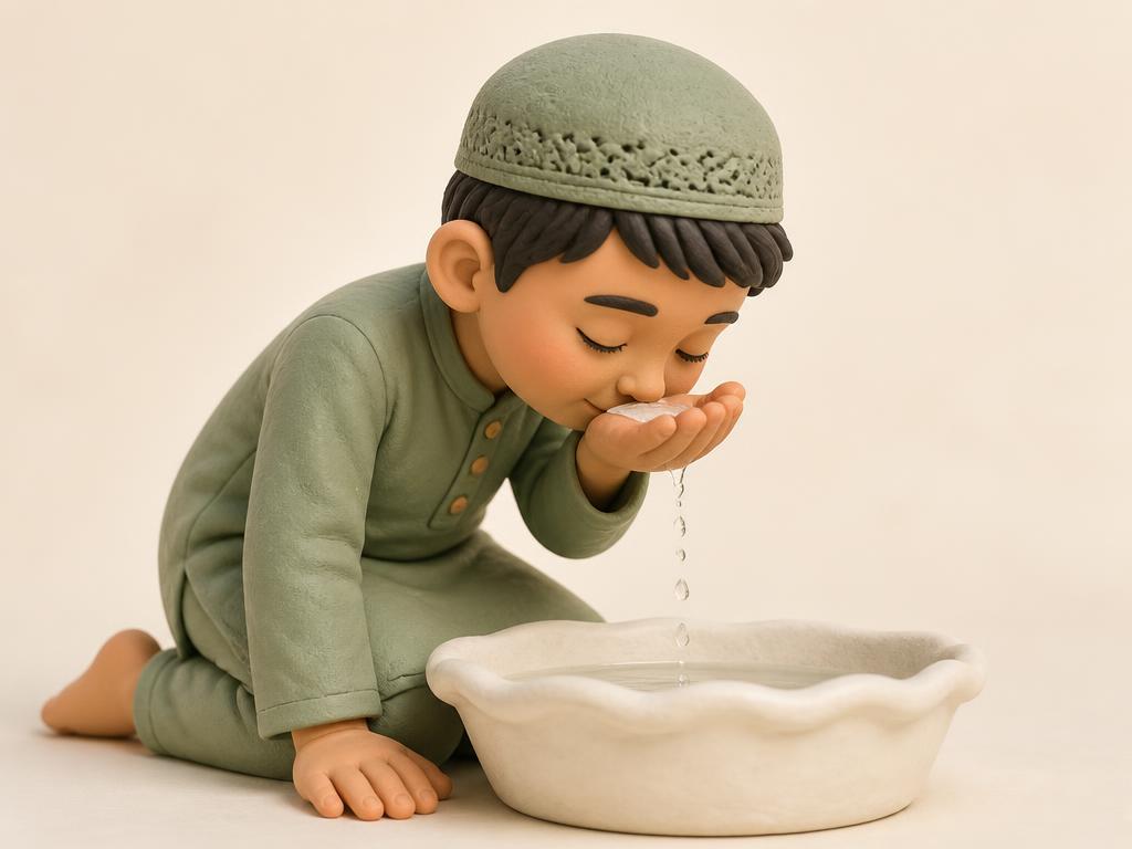 A clay-style illustration of a young boy sniffing water gently from his cupped palm into his nose
