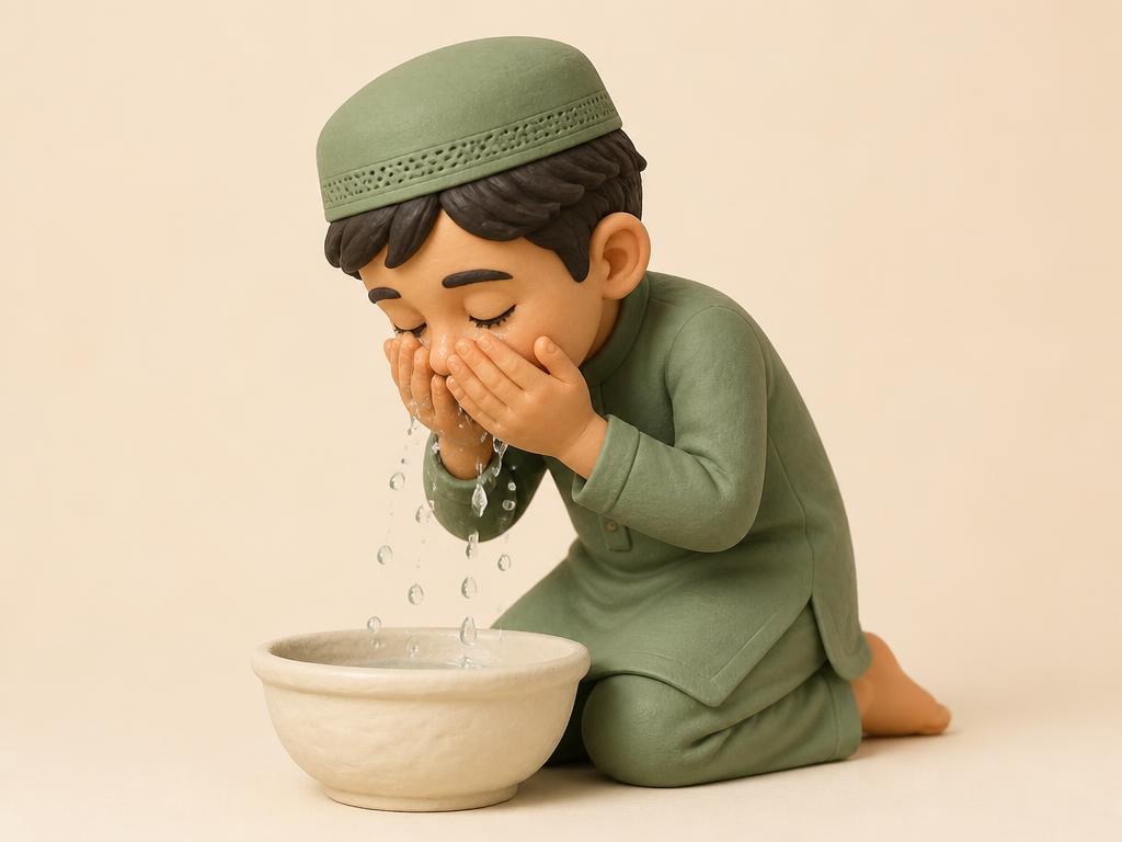 A clay-style illustration of a young boy washing his face with both cupped hands over a clay bowl