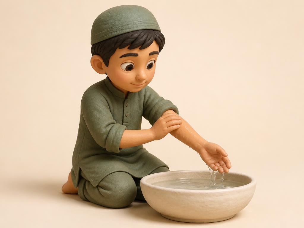 A clay-style illustration of a young boy washing his right forearm up to the elbow with his left hand