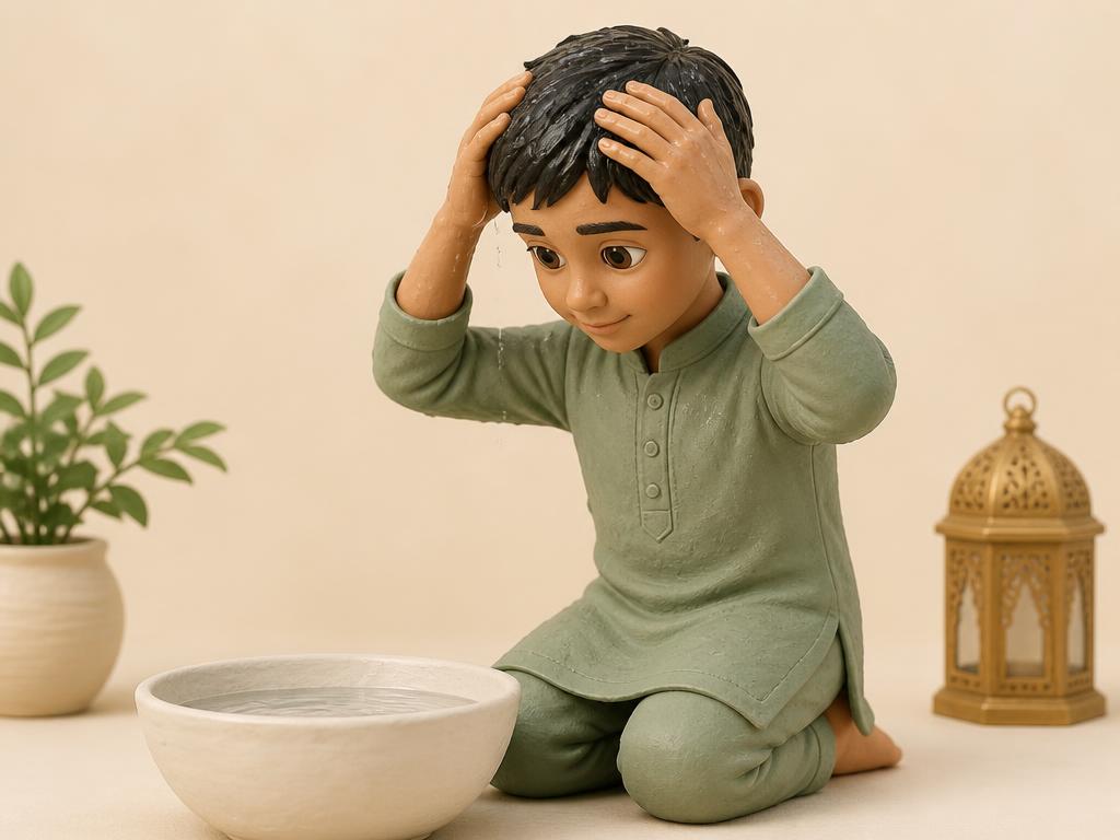 A clay-style illustration of a young boy passing both damp hands back over the top of his head