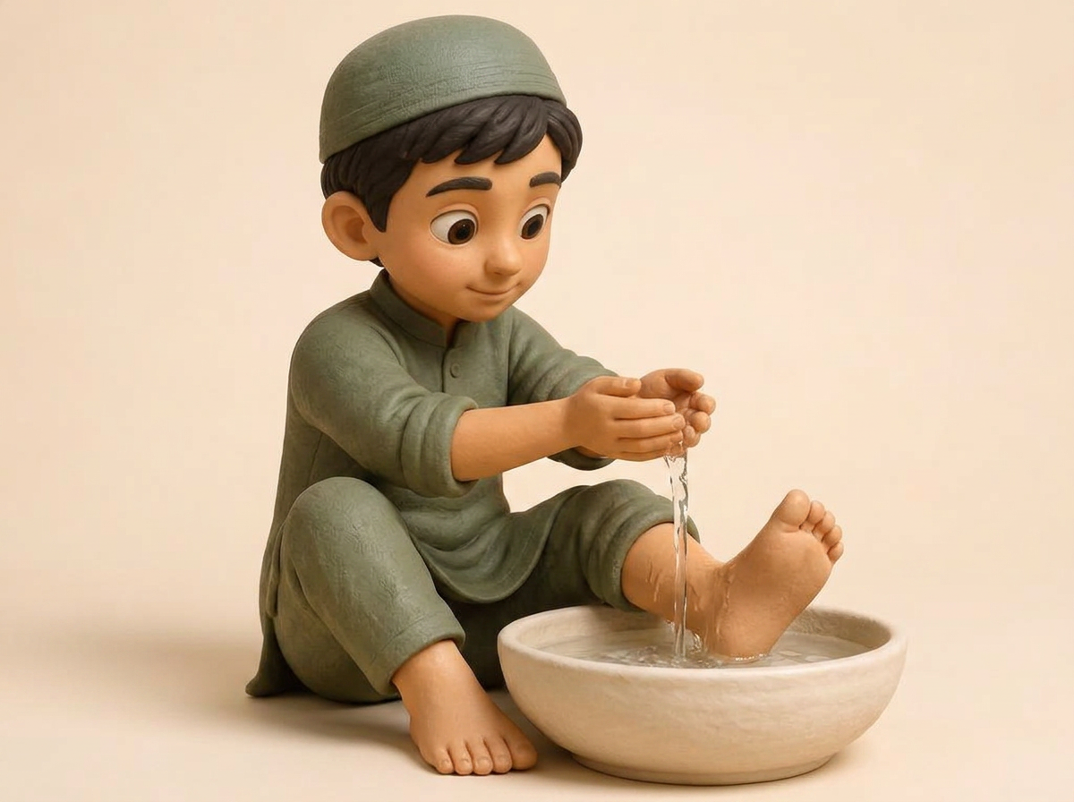 A clay-style illustration of a young boy seated on the floor rinsing his right foot over a shallow clay basin